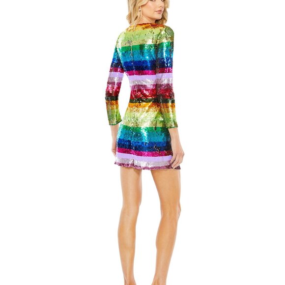 Mac Duggal Rainbow Striped Sequin Cocktail Long Sleeve Mini Dress - Picture 4 of 5